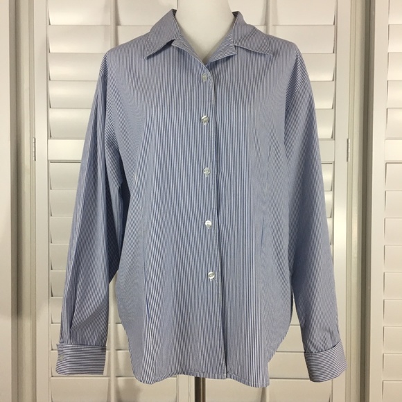 Karen Scott Blouse Blue White Striped Button Up - Picture 2 of 8